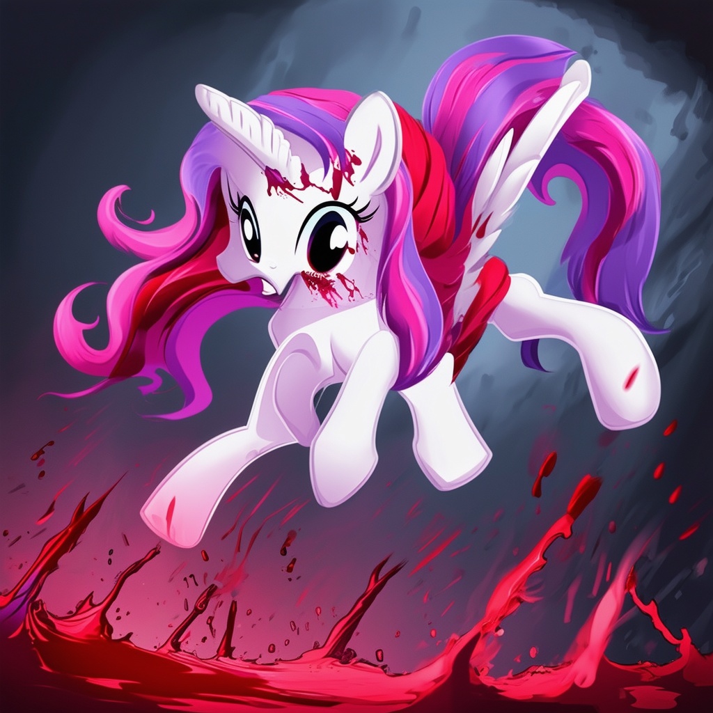 My Little Pony trampling victims beneath her hooves, her eyes wild and bloodthirsty.
