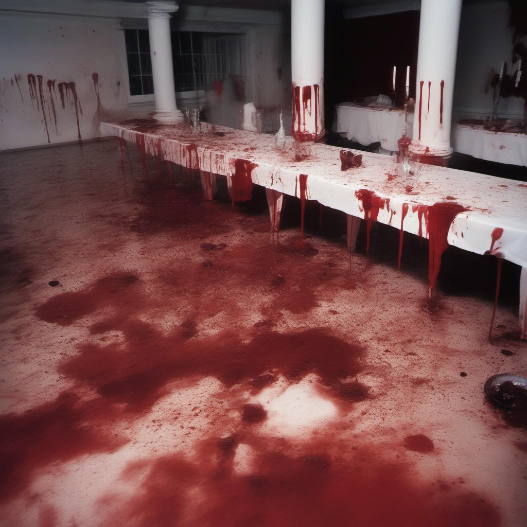 Children at the party covered in blood, surrounded by the carnage.
