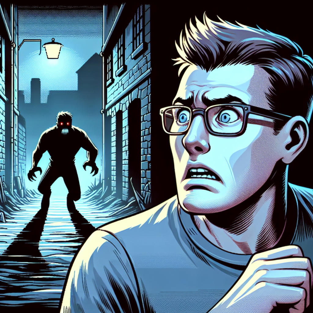John Carmack looking alarmed in a dark alley. Illustration. Artist's impression