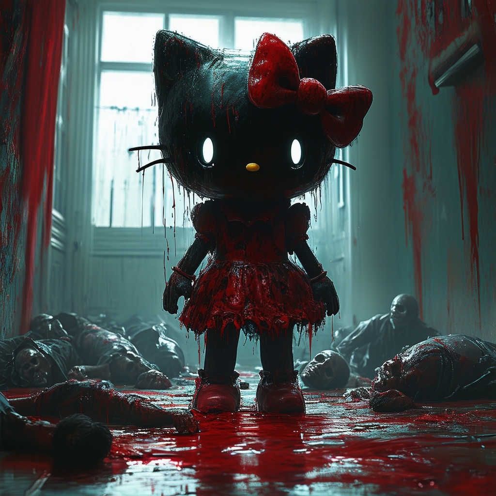 Hello Kitty standing amidst the destruction, with blood-soaked claws and a twisted grin.