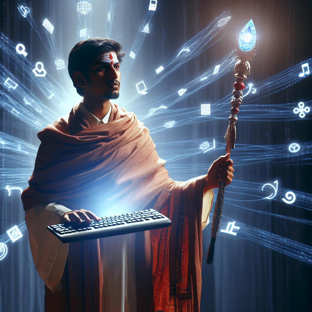 An illustrative image of a shaman wielding a keyboard as a scepter.