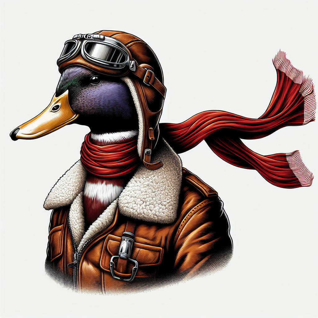 A duck in a classic pilot outfit, standing tall and proud with mouth-watering determination in its eyes...