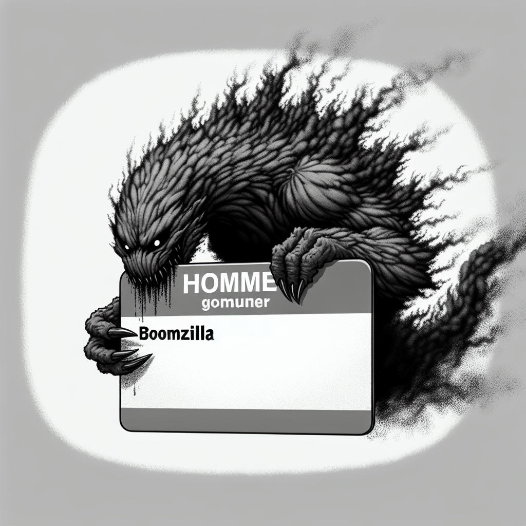 Grue holding a 'Boomzilla' nametag