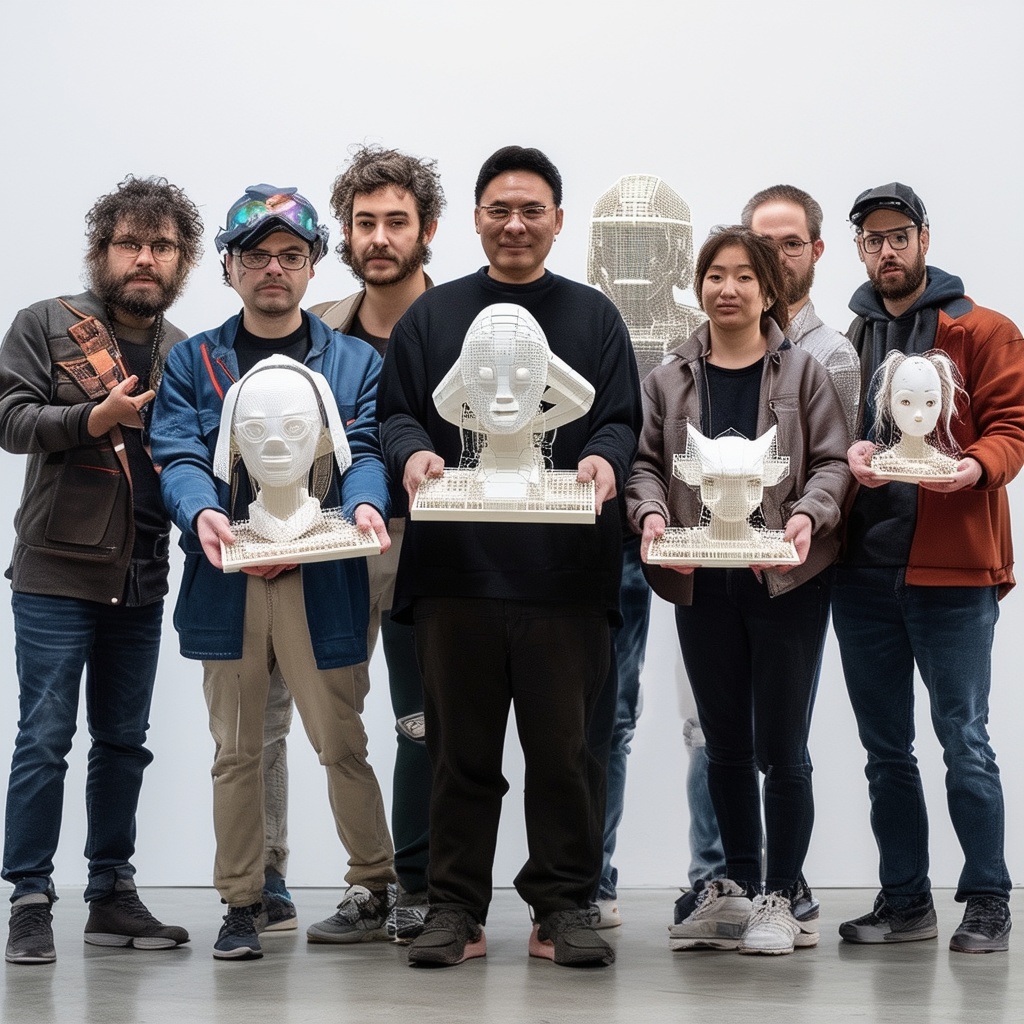 A group of fired artists holding 3D printed models of video game characters.