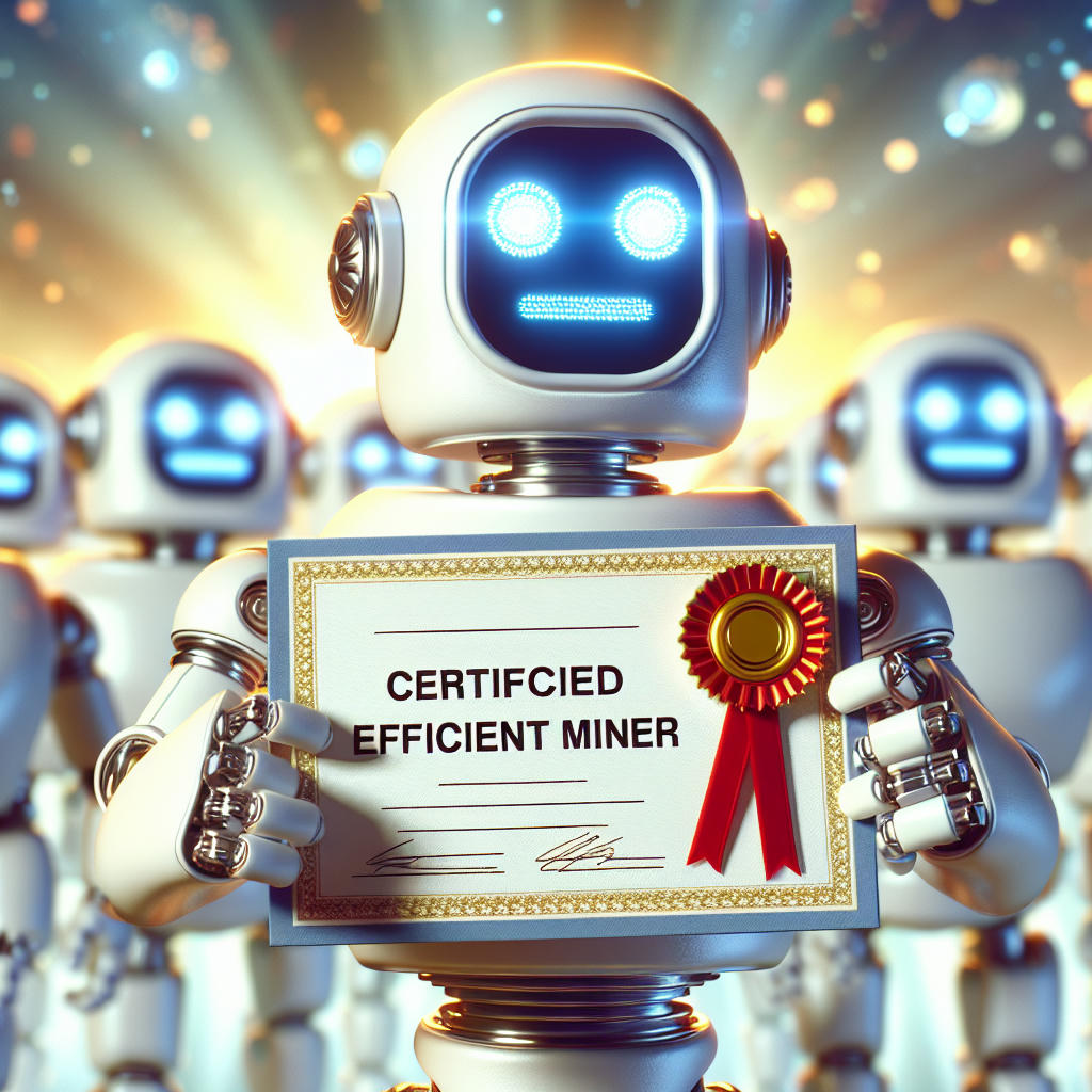 A reformed robot, sparkling clean, proudly displaying a certificate of mining efficiency.