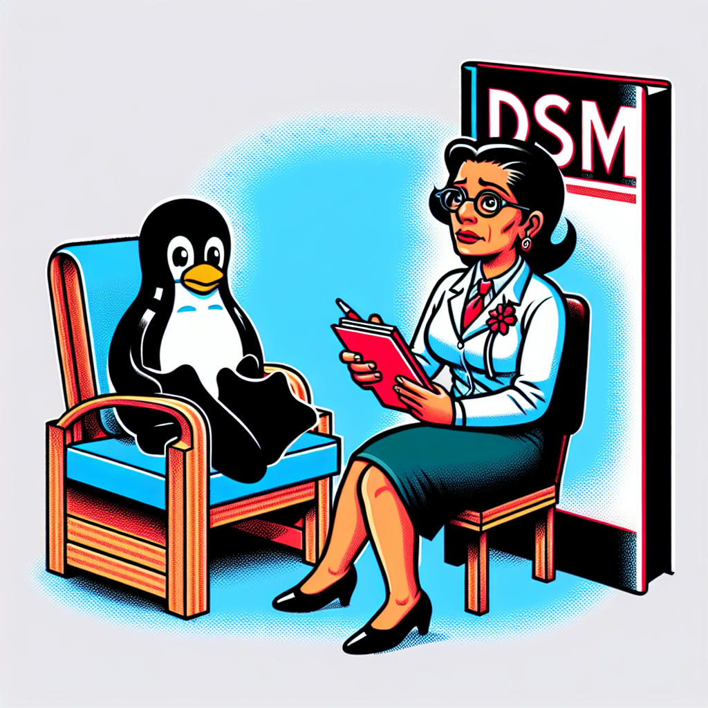 A mocked-up cover of the DSM featuring a penguin (Linux mascot) in a therapist's chair.