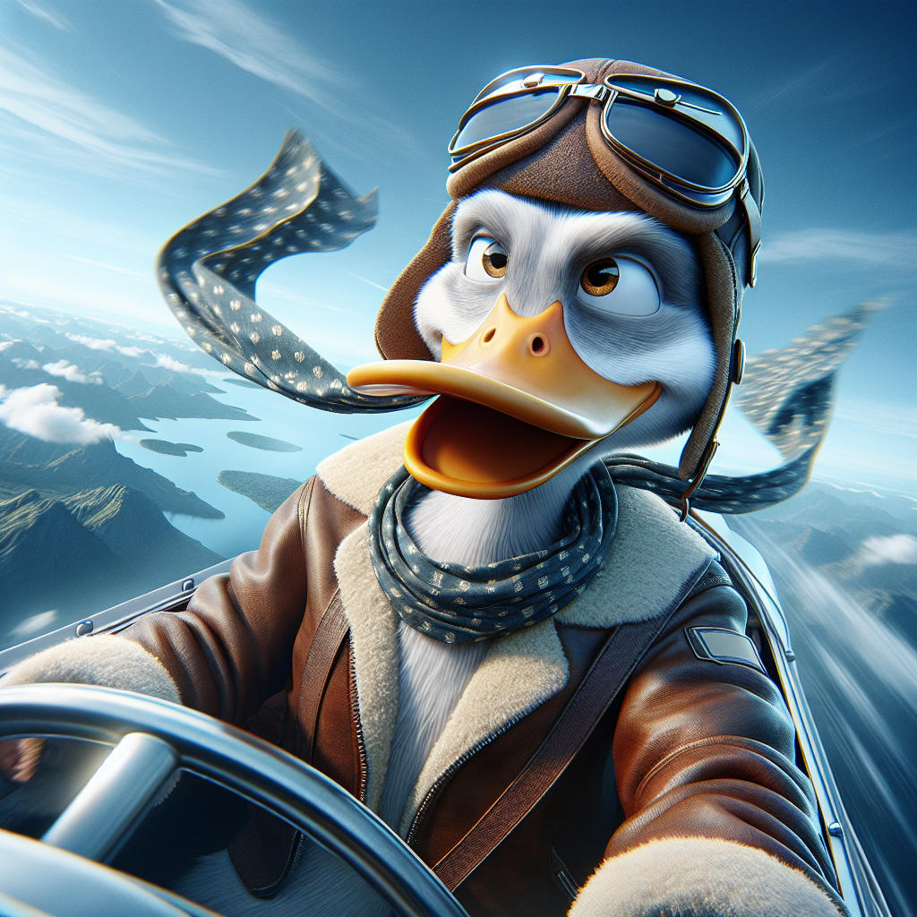A dashing duck in a distinguished pilot outfit leading the squadron