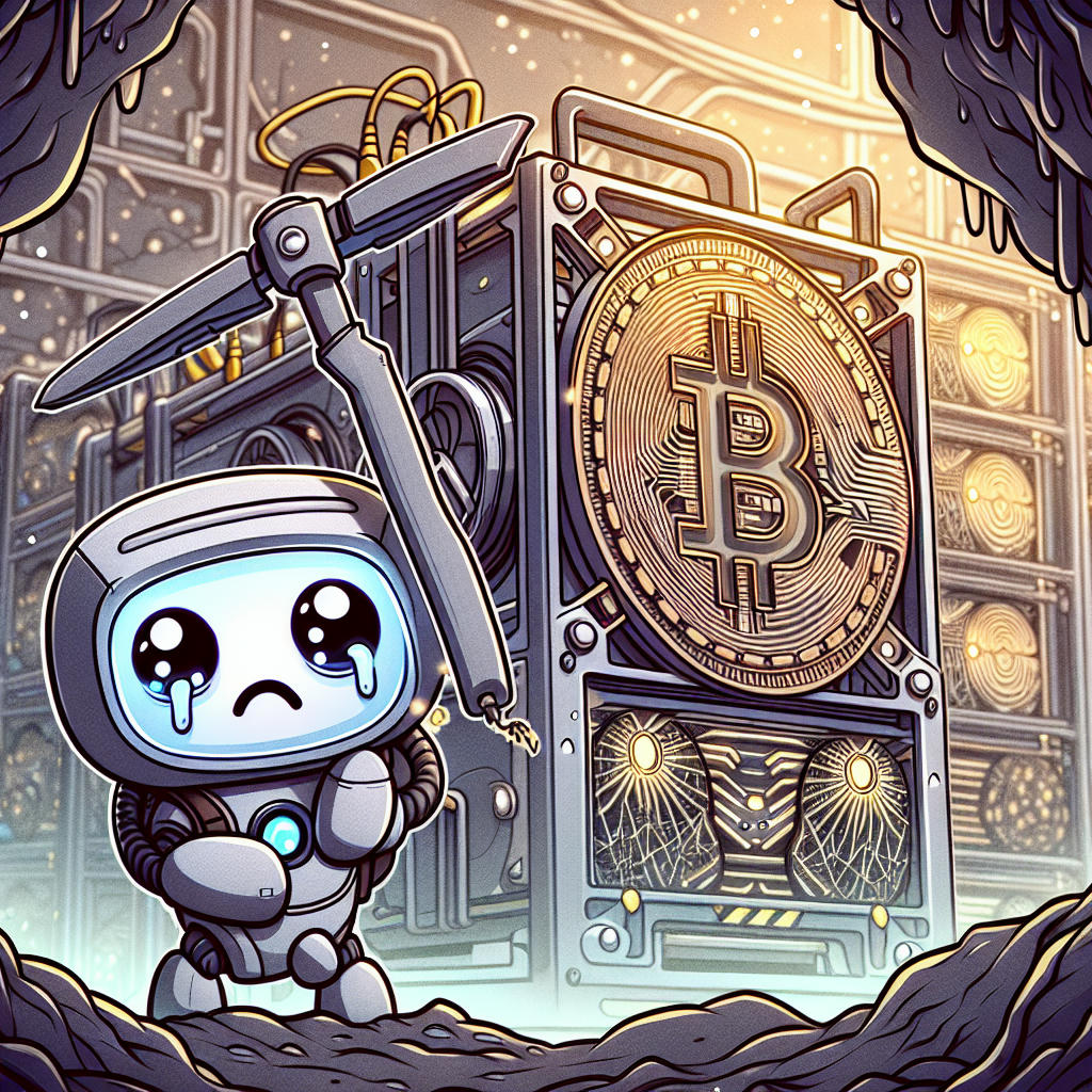 A robot looking forlornly at a crypto mining rig, wearing a virtual pickaxe over its shoulder.