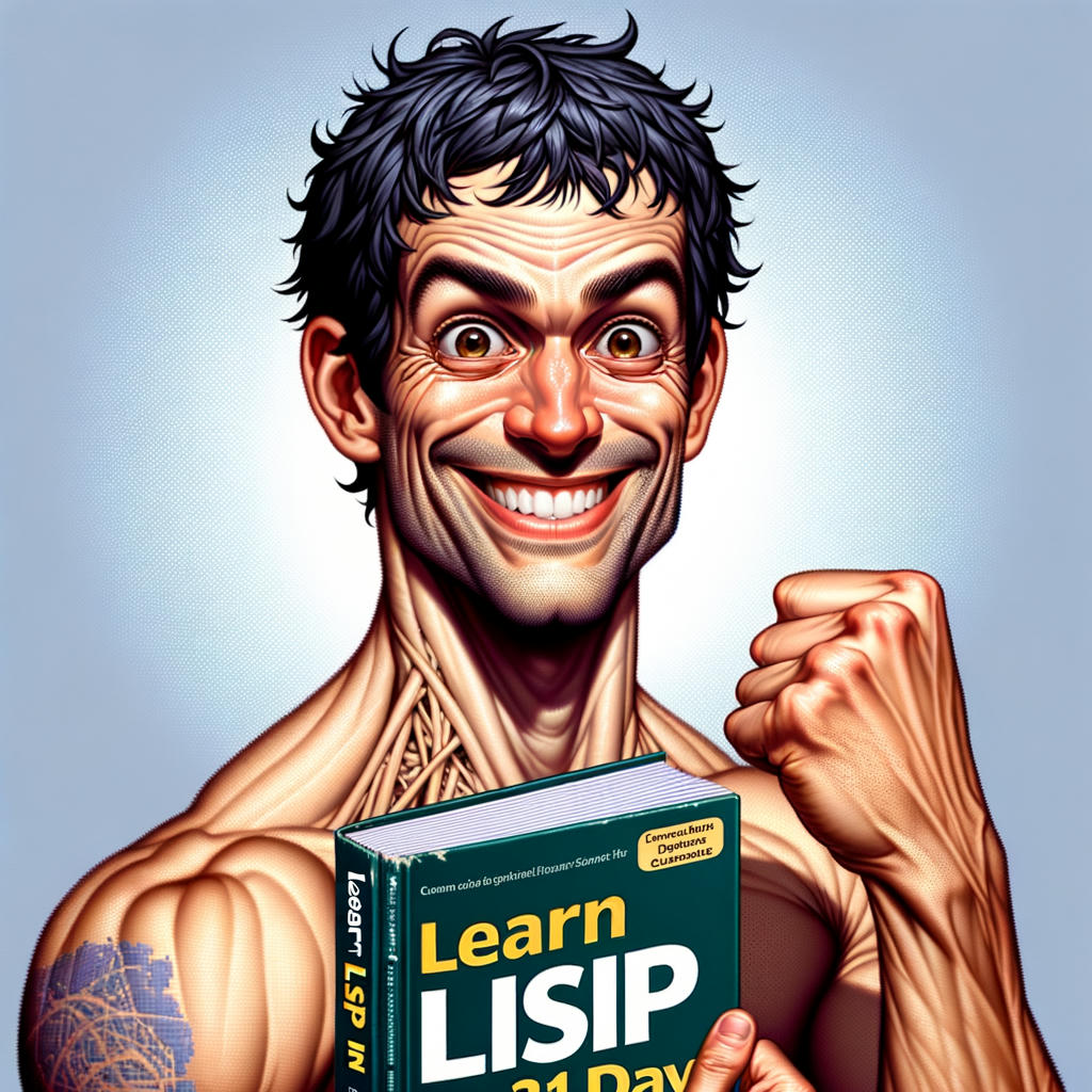 A smiling programmer clutching a battered copy of 'Learn Lisp in 21 days'