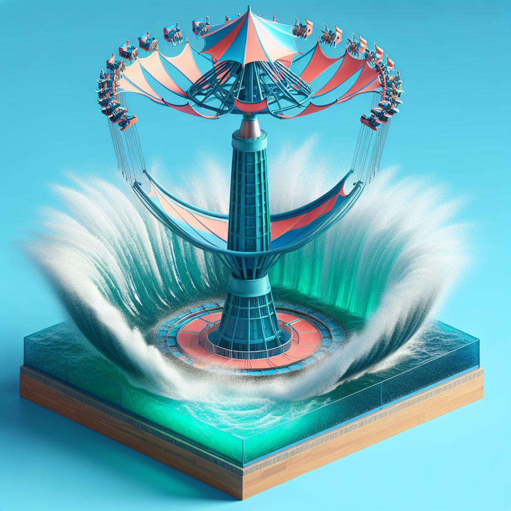 A sketch of the 'Aquatic Acrobatic' ride, soaring through the air with water splashes below.