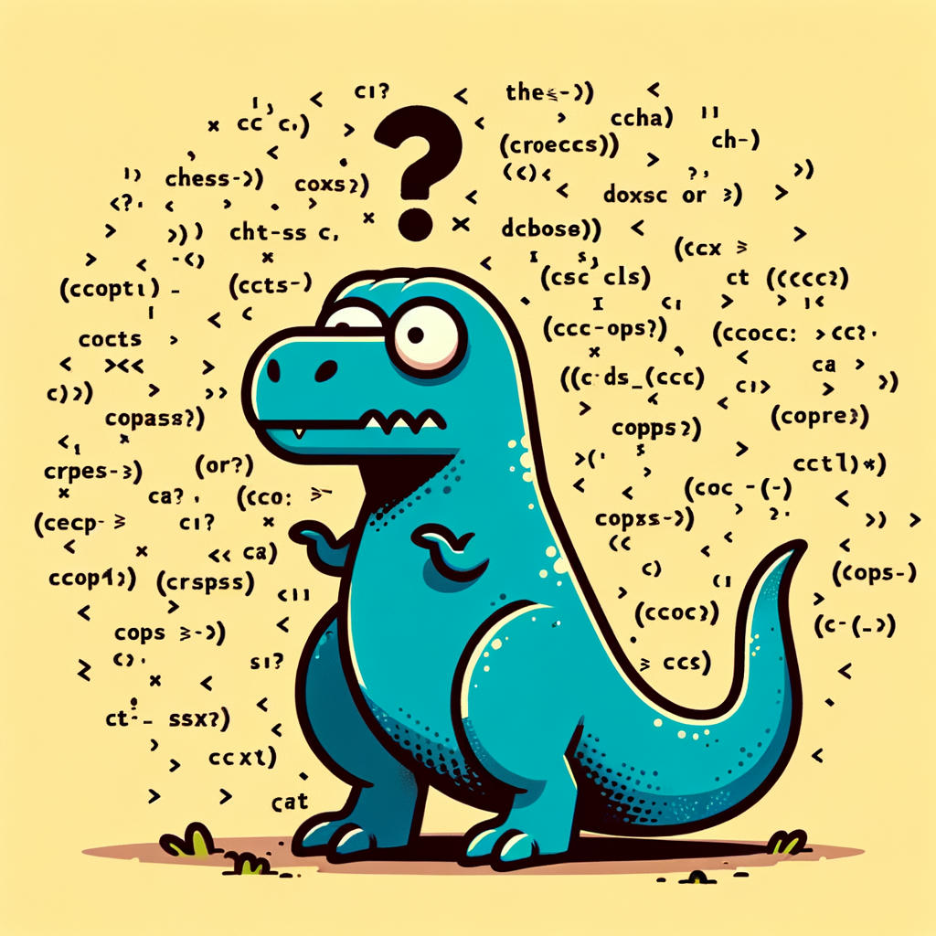 A cartoon dinosaur with code floating around