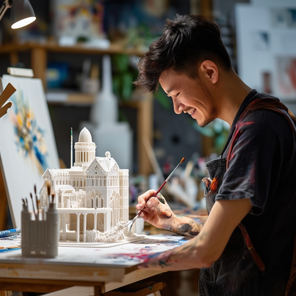 An artist painting a 3D printed model, smiling confidently.